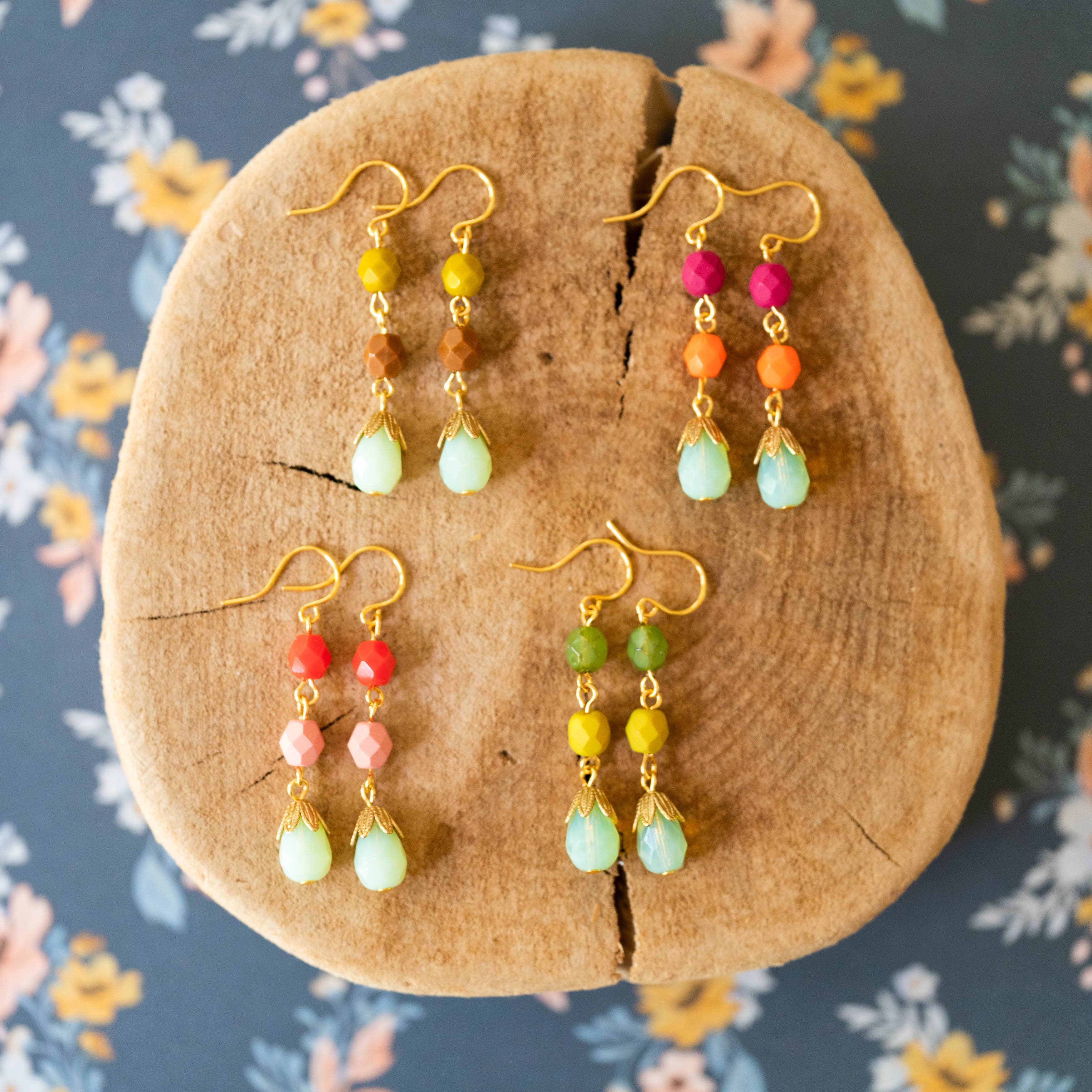 Turquoise flower earrings czech beaded earrings coral multicoloured earrings uk seller
